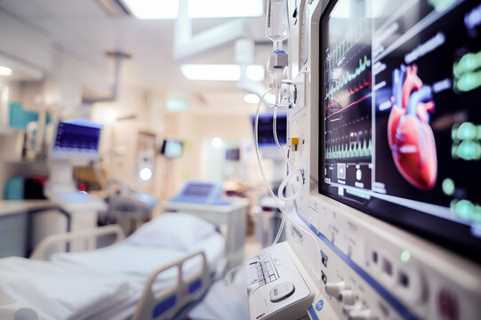 Image of a hospital room with advanced medical monitoring equipment, focusing on a heart monitor display.