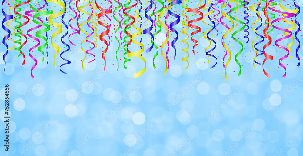 Aufkleber Falling confetti and curly colorful shiny streamer on blue blurred background. Empty space for text