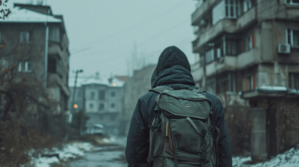 Fototapeta na wymiar Ein Mann mit Rücksack geht durch eine arme oder zerstörte Stadt vielleicht eine Wirtschaftskrise oder Krieg
