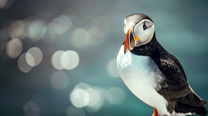 Atlantic Puffins bird or common Puffin in ocean blue background. Fratercula arctica. Norway most popular birds - obrazy, fototapety, plakaty