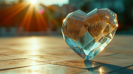 Ein Herz aus Glas oder Kristall steht auf dem Bode und wird von der Sonne angestrahlt wie auch eine Liebe erstrahlen soll - obrazy, fototapety, plakaty