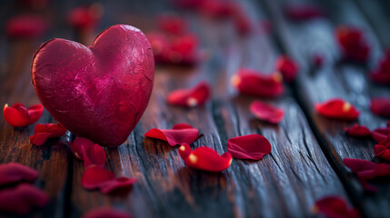 Ein Herz steht auf einem Holztisch und rote Blätter sind verteilt es zeugt von Liebe