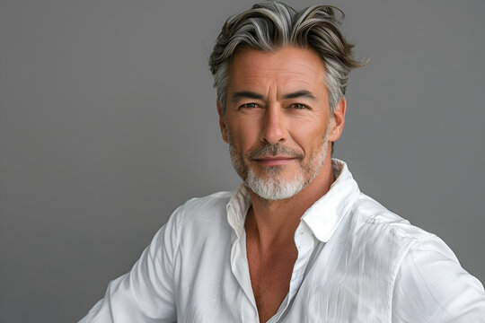 portrait of a middle age handsome man with beard in the white shirt  on the grey background