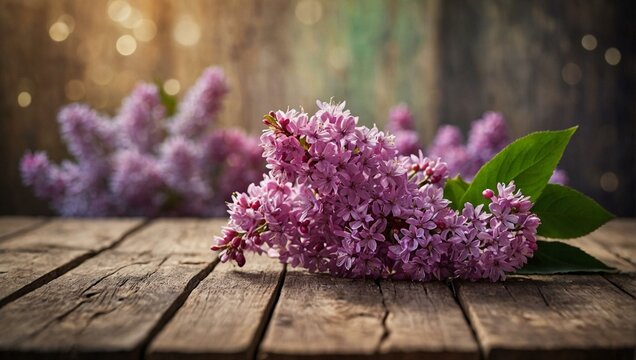 Fresh lilac blossoms lay on a textured wooden surface with a glowing bokeh, evoking spring and renewal