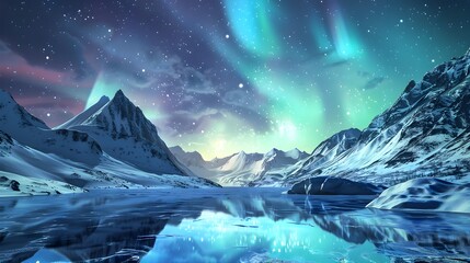 Aurora borealis over the snowy mountains, coast of the lake and reflection in water. Northern lights above snow covered rocks. Winter landscape with polar lights, fjord. Starry sky with bright aurora
