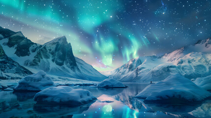 Aurora borealis over the snowy mountains, coast of the lake and reflection in water. Northern...