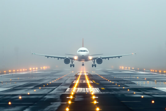 Passenger jet landing at an airport on a misty morning. Fog. Poor visibility. Created with Generative AI technology.