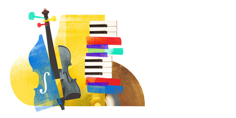 Poster. Contemporary art collage. Abstract artwork of violin, colorful piano keys and vinyl record,...