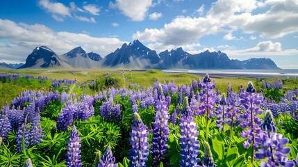 Beautiful sunny day and lupine flowers on Stokksnes cape in Iceland.