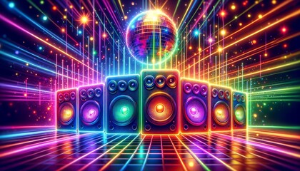 Electrifying laser disco dance floor with  speakers and vibrant multicolored mirror ball lights, igniting the party vibe. - obrazy, fototapety, plakaty