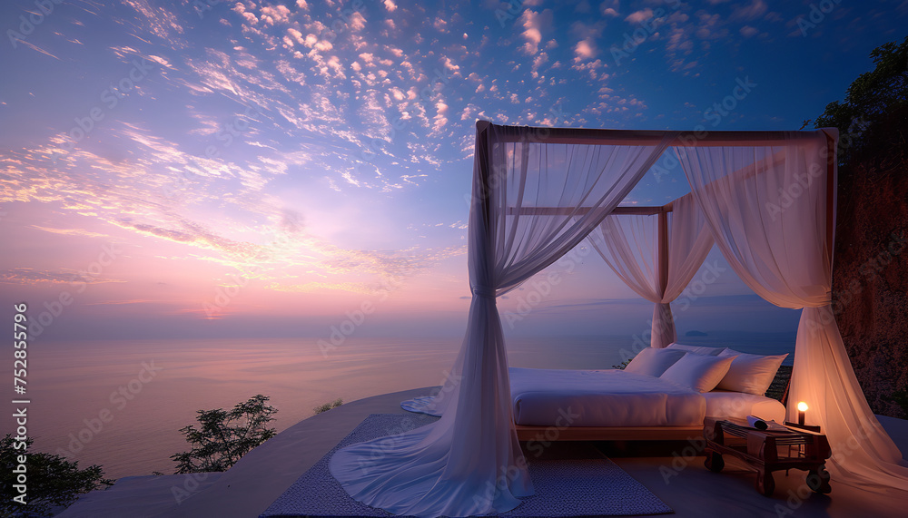 Sticker bed with sunset over the ocean 