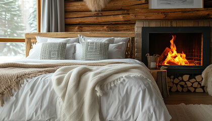 A rustic log bed frame captures the essence of cabin living - complemented by the comforting glow of a roaring fireplace nearby - wide format - obrazy, fototapety, plakaty