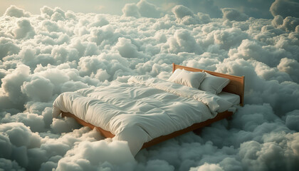 A dreamy bedroom scene where a cozy bed seems to nestle amidst a floor of fluffy white clouds - invoking surreal dreams and calm - wide format