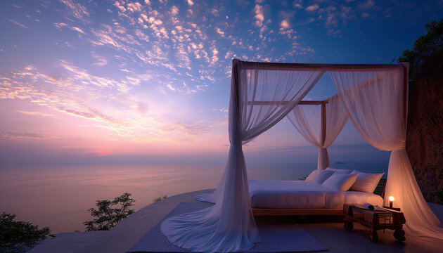 bed with sunset over the ocean 