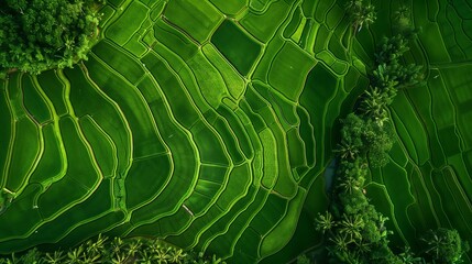 Aerial view of rice fields.