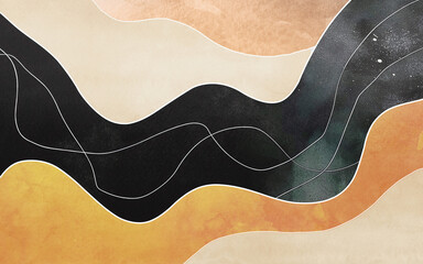 Abstract golden hand drawn line art pattern, modern minimalist watercolor background