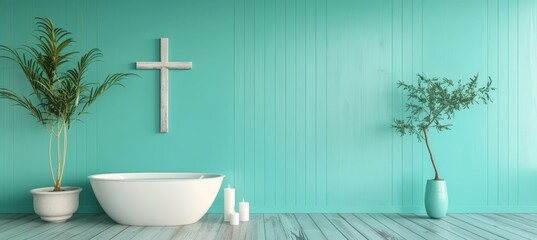 Christian cross and candles on wooden floor, pastel color background, copy space for text placement