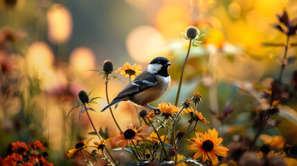 bird in the autumn flower meadow