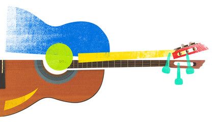 Poster. Contemporary art collage. Acoustic guitar overlaid with vibrant abstract shapes and musical...
