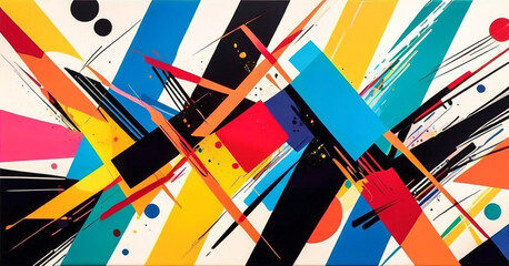A vibrant, abstract painting featuring a collage. The artwork is characterized by bold colors and geometric shapes.