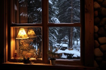 Mountain Cabin Window: Snowfall outside with warm lights inside.