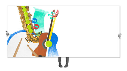 Poster. Contemporary art collage. Surreal saxophone, guitar, drumsticks, and person holds this...