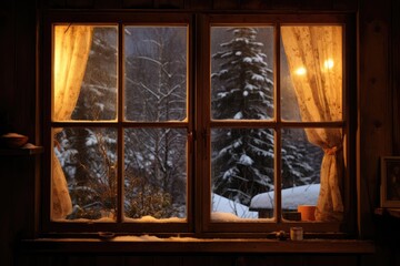 Mountain Cabin Window: Snowfall outside with warm lights inside.