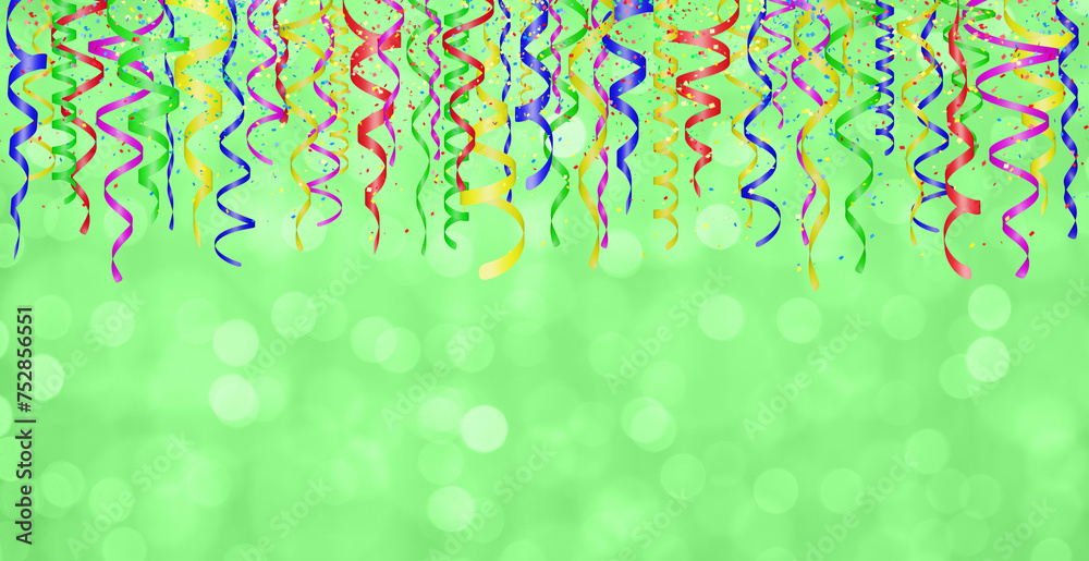 Aufkleber Falling confetti and curly colorful shiny streamer on green blurred background. Empty space for text