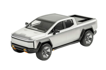 A state-of-the-art electric pick-up truck, in silver, white, and black, isometrically and minimally rendered