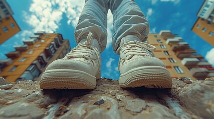 Urban explorer with white sneakers hanging in the air, mustard trousers, city landscape below
