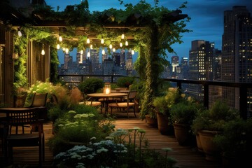 Obraz premium City Rooftop Garden: Lights among greenery in an urban oasis.