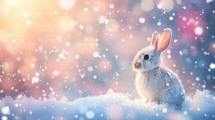 Fototapeta na wymiar Charming hare in snowy forest with blurred background, creating a serene winter scene.
