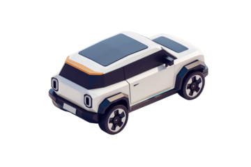 A cutting-edge electric crossover, unbranded, in silver, white, and black, depicted in isometric, minimalist style with octane render