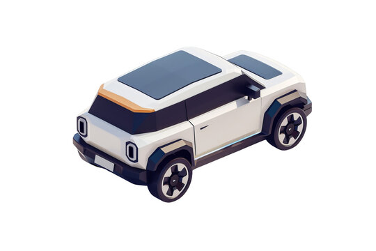 A cutting-edge electric crossover, unbranded, in silver, white, and black, depicted in isometric, minimalist style with octane render
