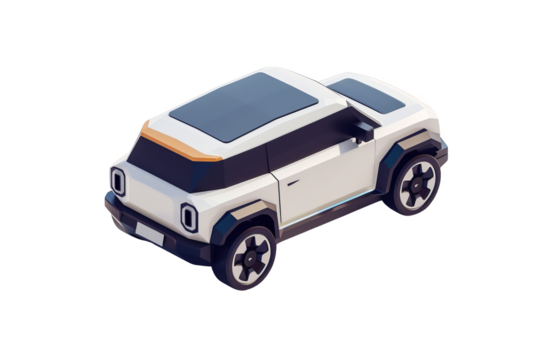 A cutting-edge electric crossover, unbranded, in silver, white, and black, depicted in isometric, minimalist style with octane render