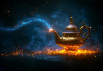 Magic lamp Aladdin. Magical shining golden lamp with rising magic dust with shimmering glitter particles. Genie comes out of the bottle. Generative AI - obrazy, fototapety, plakaty