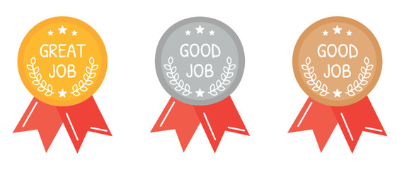 Great job, good job medals, awards, budges. Champions awards, prize, gold, silver, bronze medal for competitions. Medal label. Reward, praise, encouragement for business, management office, school.