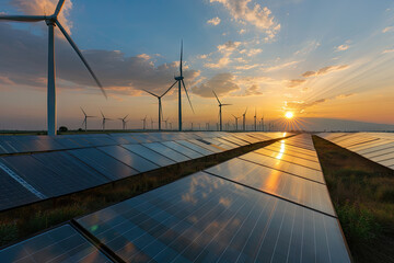 a solar panel field reflecting the sunset, with wind turbines spinning in the distance.