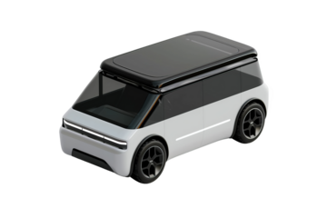 An innovative electric minivan, unbranded, in silver, white, and black, isometrically positioned in a minimalist octane render