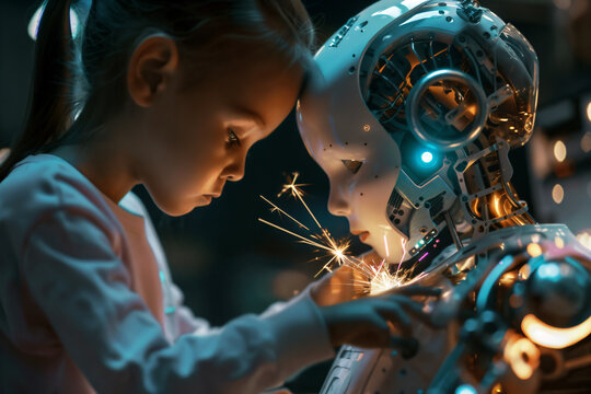 a friendly AI robot helping a child learn to code, with sparks and circuits visible beneath its translucent skin.