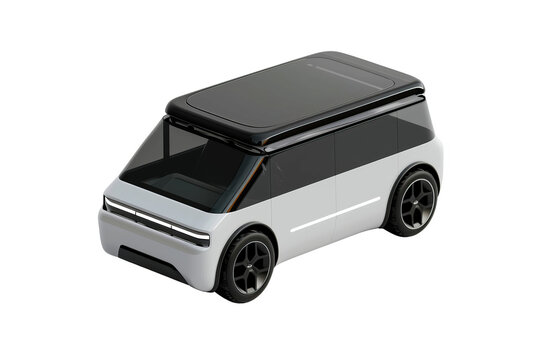 An innovative electric minivan, unbranded, in silver, white, and black, isometrically positioned in a minimalist octane render