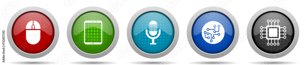 Poster technology icons, miscellaneous buttons such as computer mouse, tablet, microphone, chip and cpu, ci