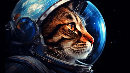 A cat in an astronaut helmet gazes into space, with Earth reflected in the visor, set against a starry backdrop - obrazy, fototapety, plakaty