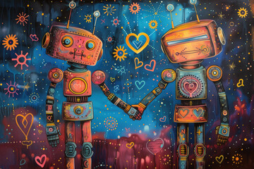 A whimsical painting of two robots holding hands under a starry sky, gears forming hearts in the background.