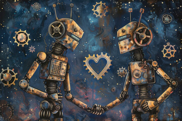 A whimsical painting of two robots holding hands under a starry sky, gears forming hearts in the background.