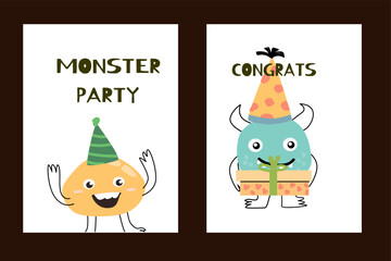 Set of posters or cards with cute monsters for party