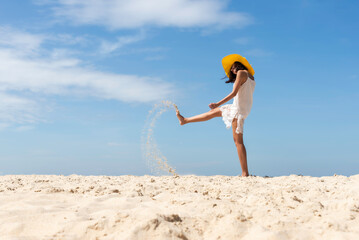 Happy traveler and tourism young women travel summer on the beach. relax outdoor destination leisure trip travel