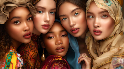 Obraz premium Beauty represented across various ethnicities, featuring women of Caucasian, African, and Asian descent.