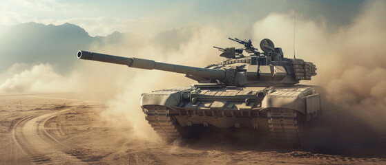 Military tank advances through desert dust under a tense sky. - obrazy, fototapety, plakaty
