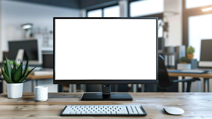 Fototapeta premium Blank white LCD screen, mouse and keyboard on top table, on office blurred background, for mock-up.